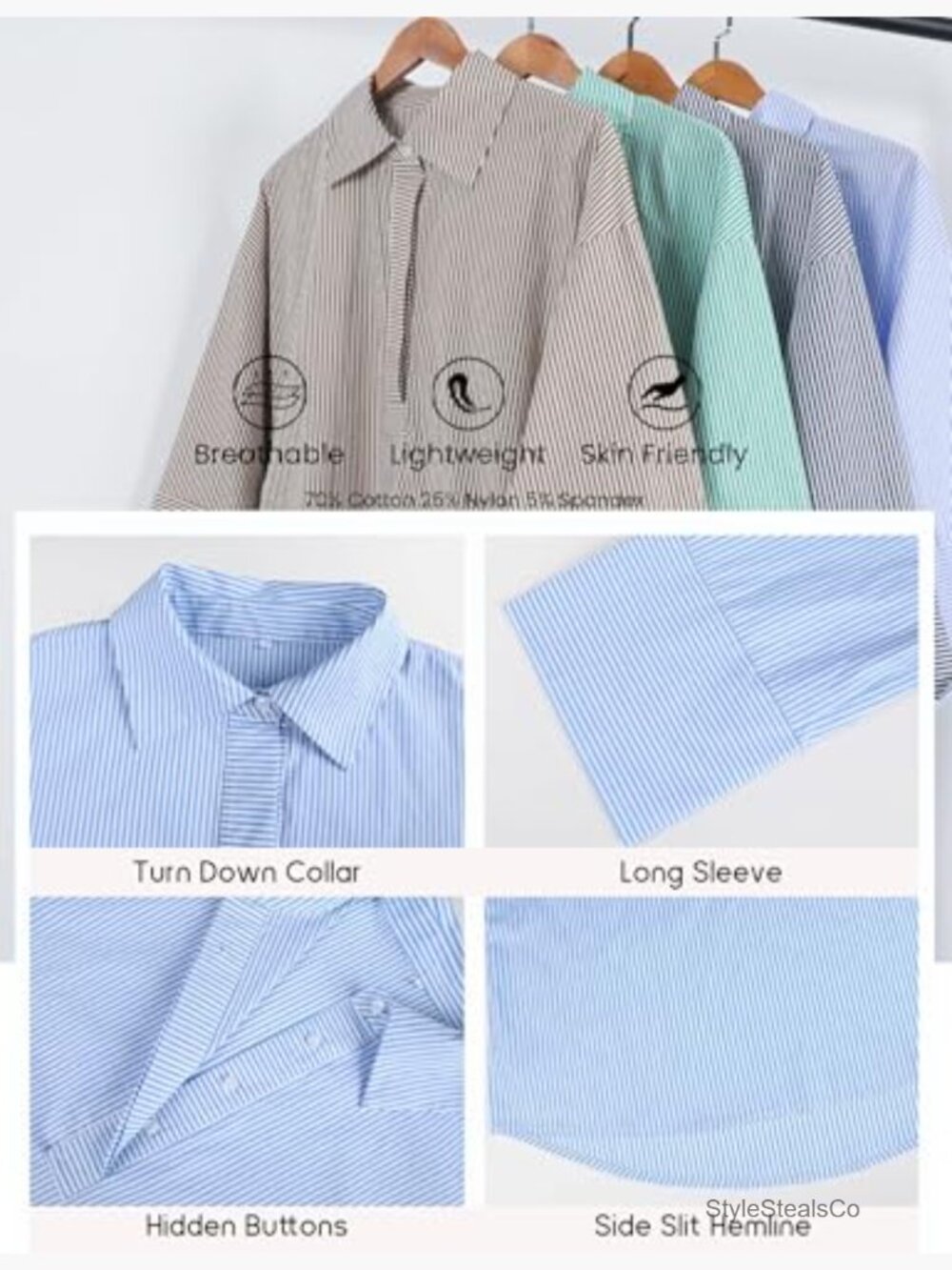 Oversized Striped Button Down Shirt Henley Long Sleeve Collared Office Blouse - Picture 6 of 7